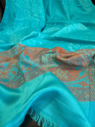 Ocean Whisper Jaipur Pashmina – Aqua & Copper Artisan Shawl