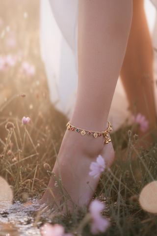 Boho Luxe Ruby & Emerald Charm Anklet — High Gold Finish