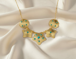 Gold Starfish Bracelet – Hammered Coastal Design with Turquoise Accents