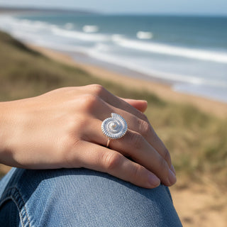 Coastal Shell Ring – Sterling Silver Spiral With Pearl Centre