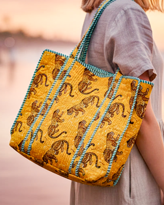 Zippered Kantha Tote Bag – Saffron Tiger