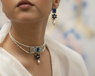 Midnight Elegance: Blue Gem & Pearl Choker Set