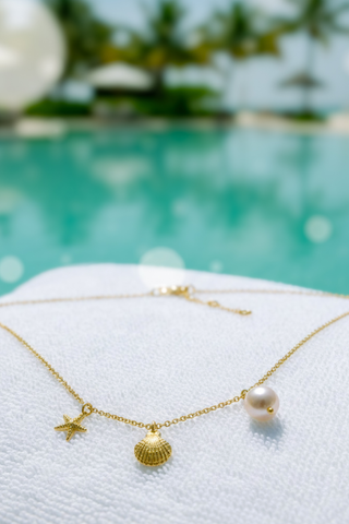 Pearl & Star Fish Charm Gold Necklace