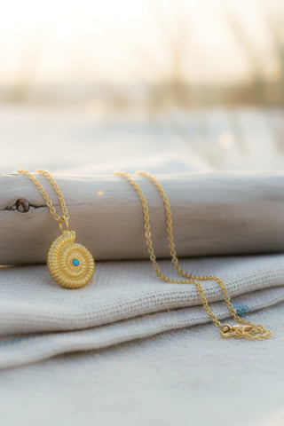 Gold Nautilus Necklace – Coastal Boho Pendant with Turquoise Centre