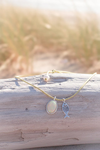 Opal & Fish Charm Necklace – Coastal Silver Pendant on Golden Cord