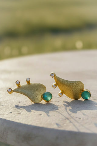 Gold Teardrop Pearl & Green Gemstone Statement Earrings