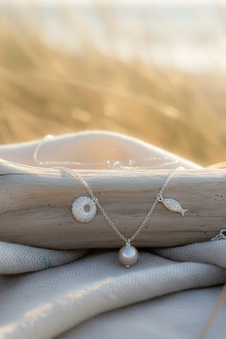 Silver Coastal Trio Necklace – Nautilus, Pearl & Fish Charms