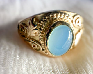 Desert Calm – Moroccan Hand-Engraved Brass Ring with Blue Chalcedony